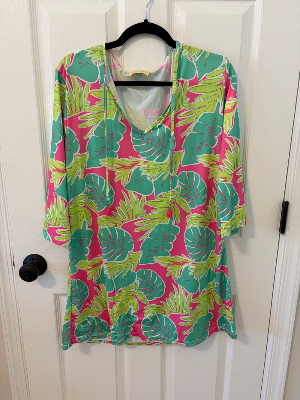 Viv & Lou Tropical Pink & Green Leaf Swim Cover Up